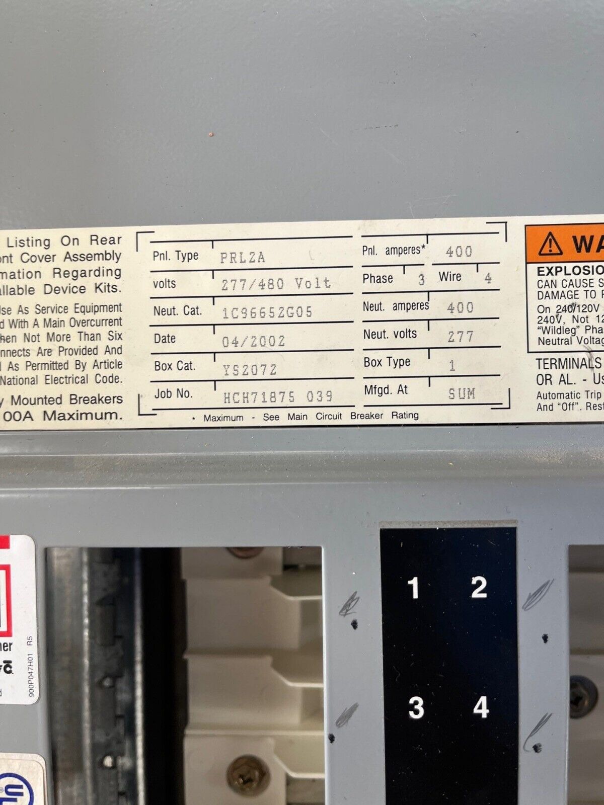 Cutler Hammer PRL2A Panelboard 400A 277/480V 3PH 4W 42Cir Indoor Encl FD3225 MLO P578 Used
