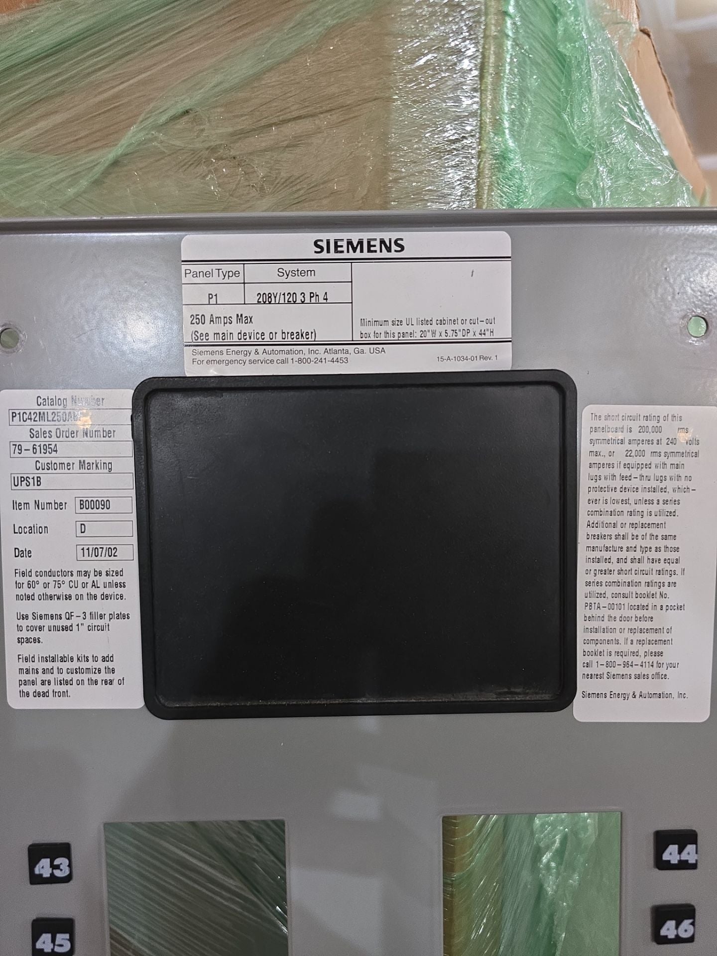 Siemens P1 P1C42ML250ABF Panelboard 250A 208/120V 3PH 4W 42Cir 250 Amp Panel MLO Used