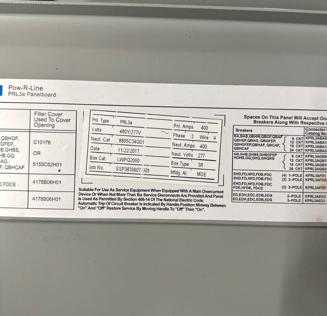 Eaton PRL3A Panelboard 400A 480Y/277V 3PH 4W 3R Outdoor Encl MLO 18 Cir Main Lug P281 Used