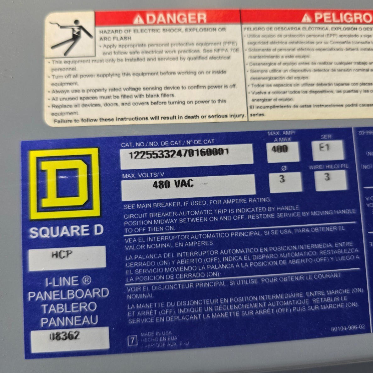Square D HCP I-Line Panelboard 400A 480V 3PH 3W MCB Main LI36400 3R Encl 30 Cir Used