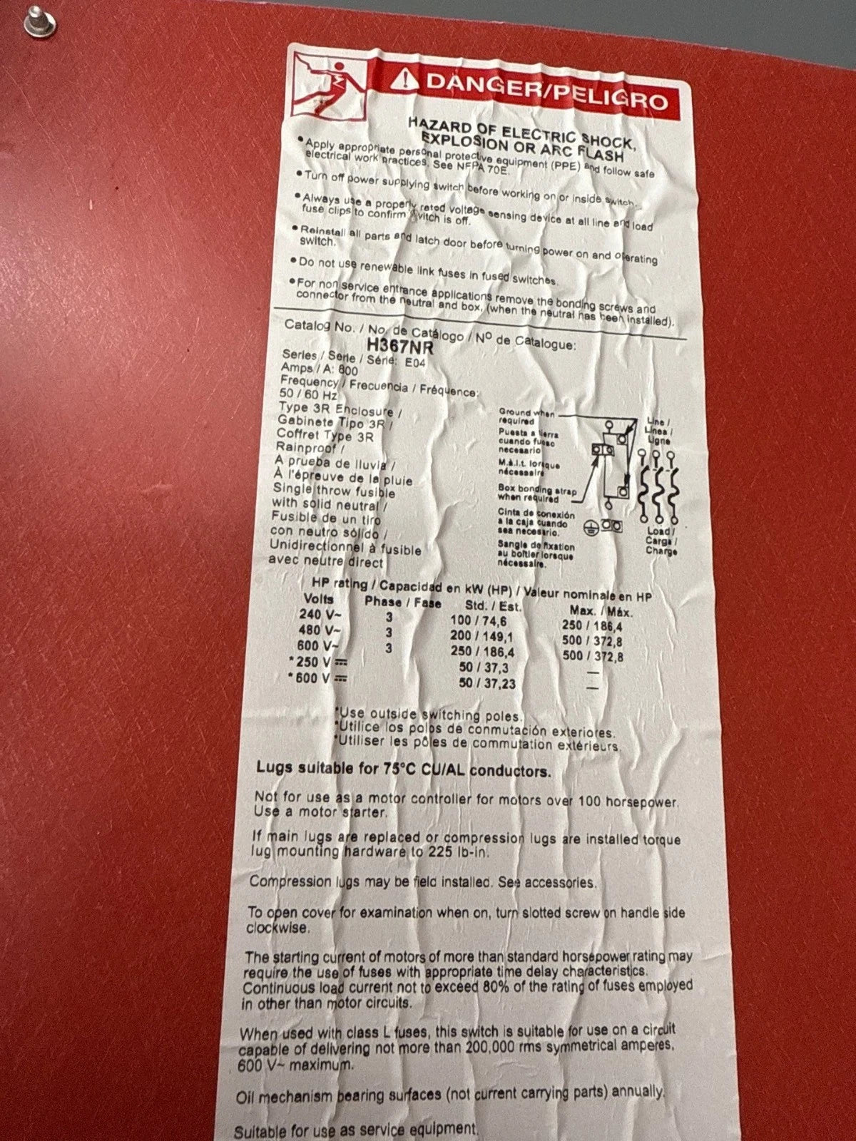 Square D H367NR Safety Disconnect Switch 800A 3P 600V 3PH 3R Outdoor 800 Amp Used