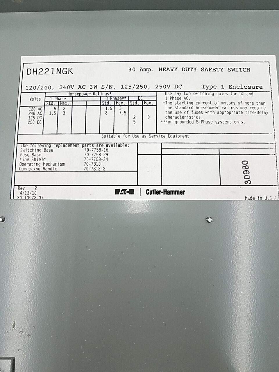 Cutler-Hammer DH221NGK Used