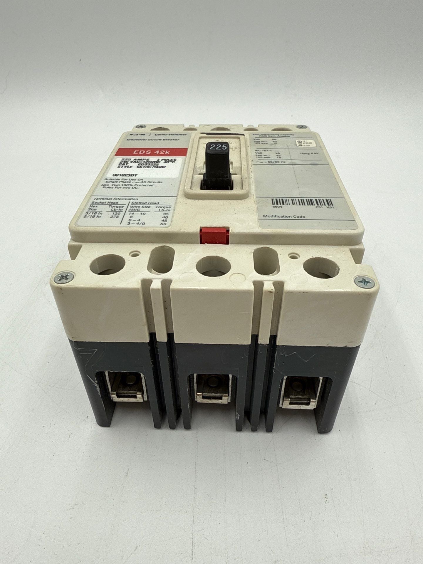 Eaton EDS3225 Circuit Breaker 225A 3P 240V 3PH EDS 42K 225 Amp 3 Pole Used
