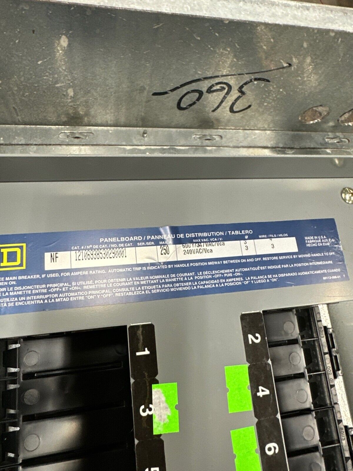 Square D NF Panelboard 250A 600Y/347V 3PH 4W 42 Circuit Indoor Encl Main Lug MLO P352 Used