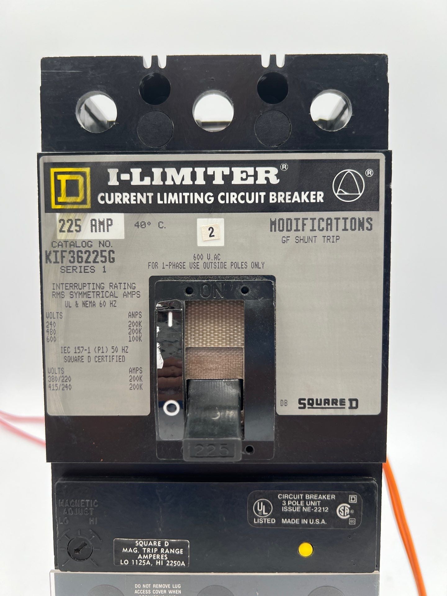 SQD KIF36225G Circuit Breaker 225A 600V 3P 225 Amp Ground Fault GFM250 Used