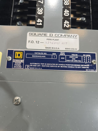 Square D NQOD442L400 Panelboard 400A 208Y/120V 4W 3PH 42 Cir 400 Amp MLO Panel Used