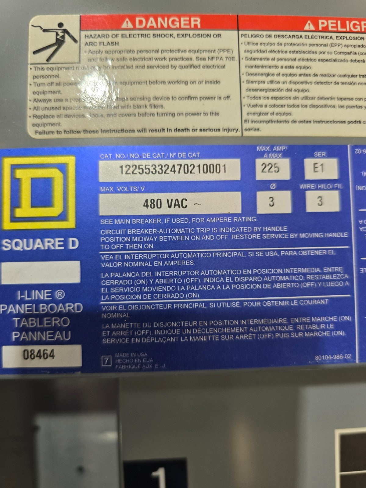 Square D I-Line Panelboard 225A 480V 3PH 3W MCB Panel 225 Amp JJA36225 3R 30Cir Used