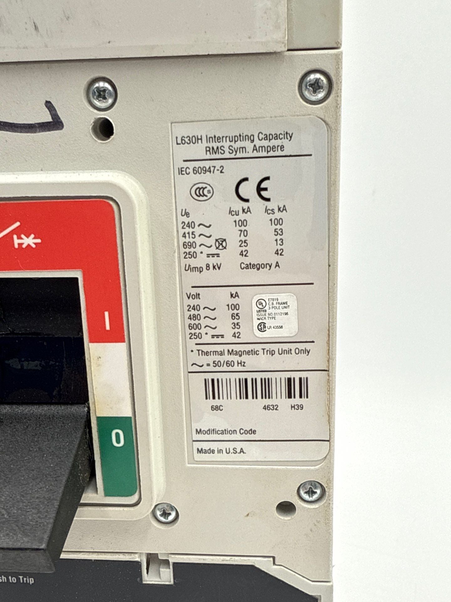 Eaton LGH3630NN Circuit Breaker 500A 3P 600V L630H LGH 500 Amp 3 Pole Used