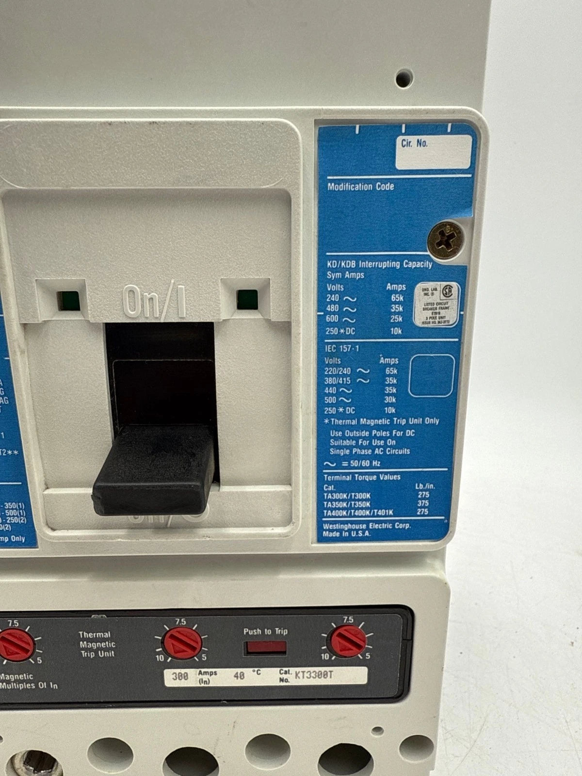 Westinghouse KD3300 Circuit Breaker 300A 3P 600V KD 35k 300 Amp 3 Pole KT3300T Used