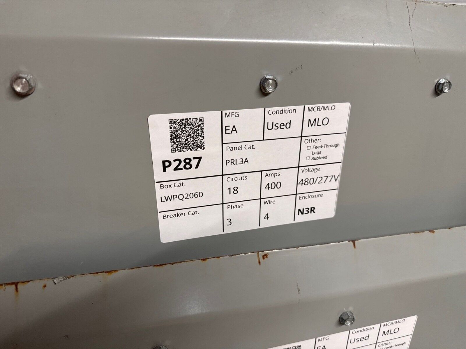 Eaton PRL3a Panelboard 400A 480/277V 3PH 4W 18 Circuit MLO 3R Outdoor Encl P287 Used