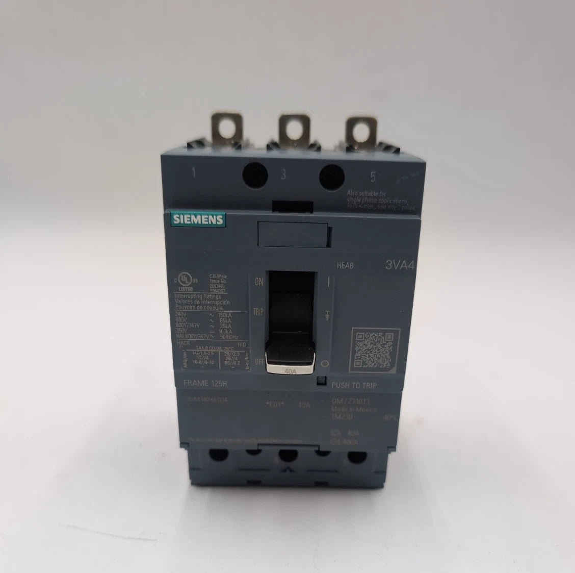 Siemens 3VA4140-6ED34-0AA0 Bolt On Circuit Breaker 40A 3P 480V 600Y/347Y 40 Amp New