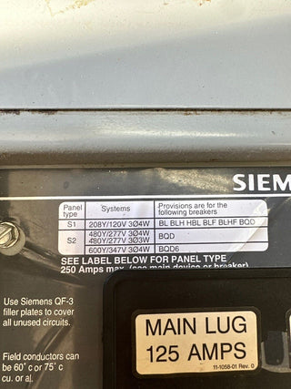 Siemens S1 Panelboard 250A 208Y/120V 3PH 4W 42 Circuit Indoor Encl 250 Amp Max P395 Used