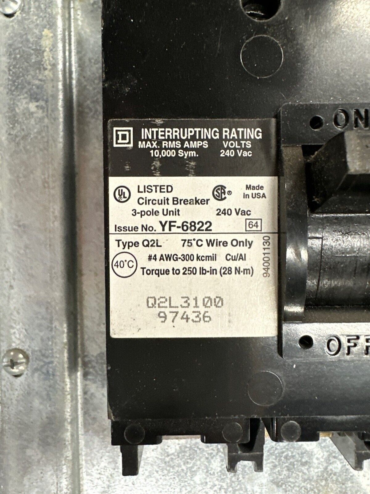 Square D NQOD442M225 Panelboard 225A 208Y/120V 3PH 4W Main MCB Q2L3100 100 Amp P407 Used