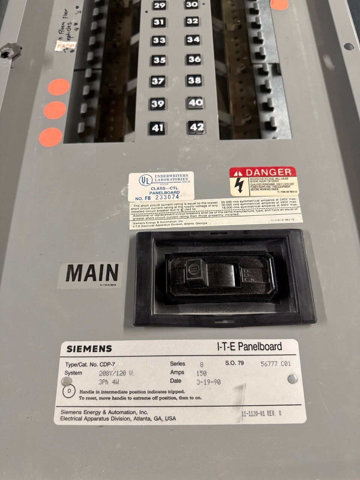 Siemens CDP-7 Panelboard 150A 208/120V 3PH 4W 42 Cir Indoor Encl MCB QJ23B150 P509 Used