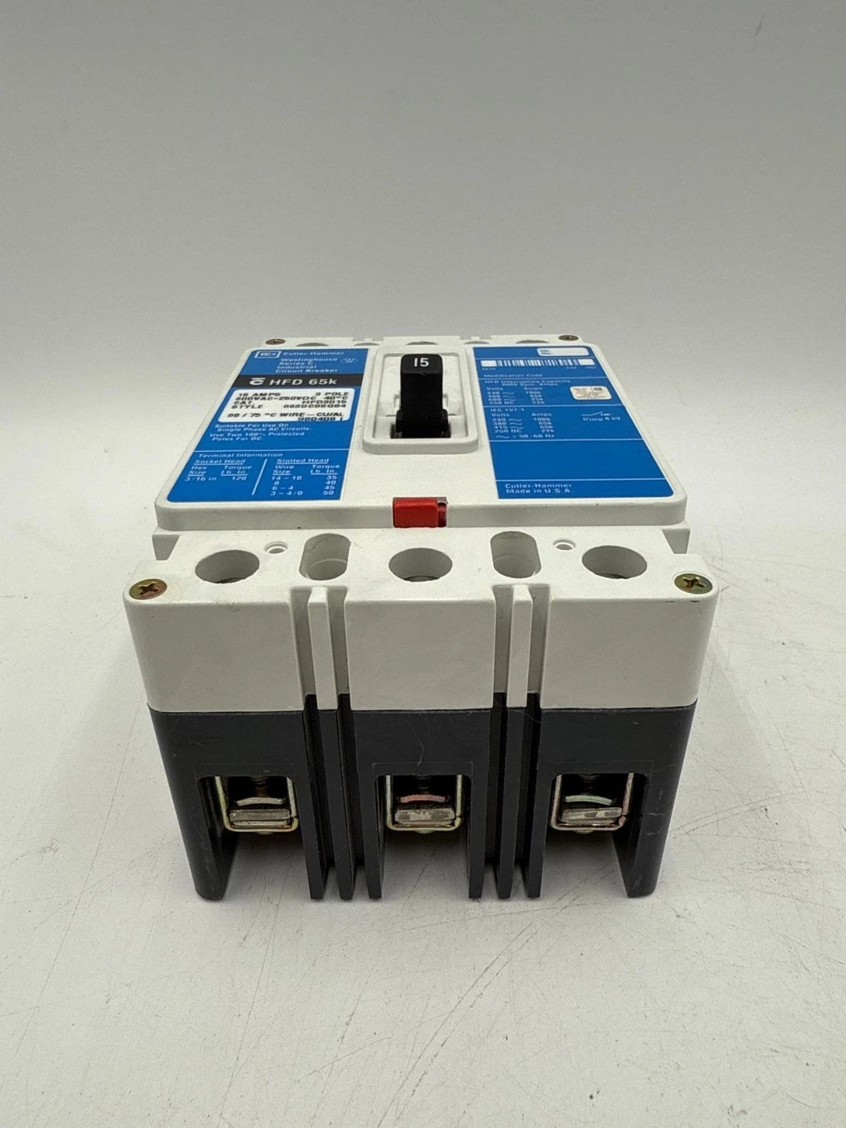 Cutler Hammer HFD3015 Circuit Breaker 15A 3P 600V 3PH HFD 65k 3 Pole 15 Amp Used