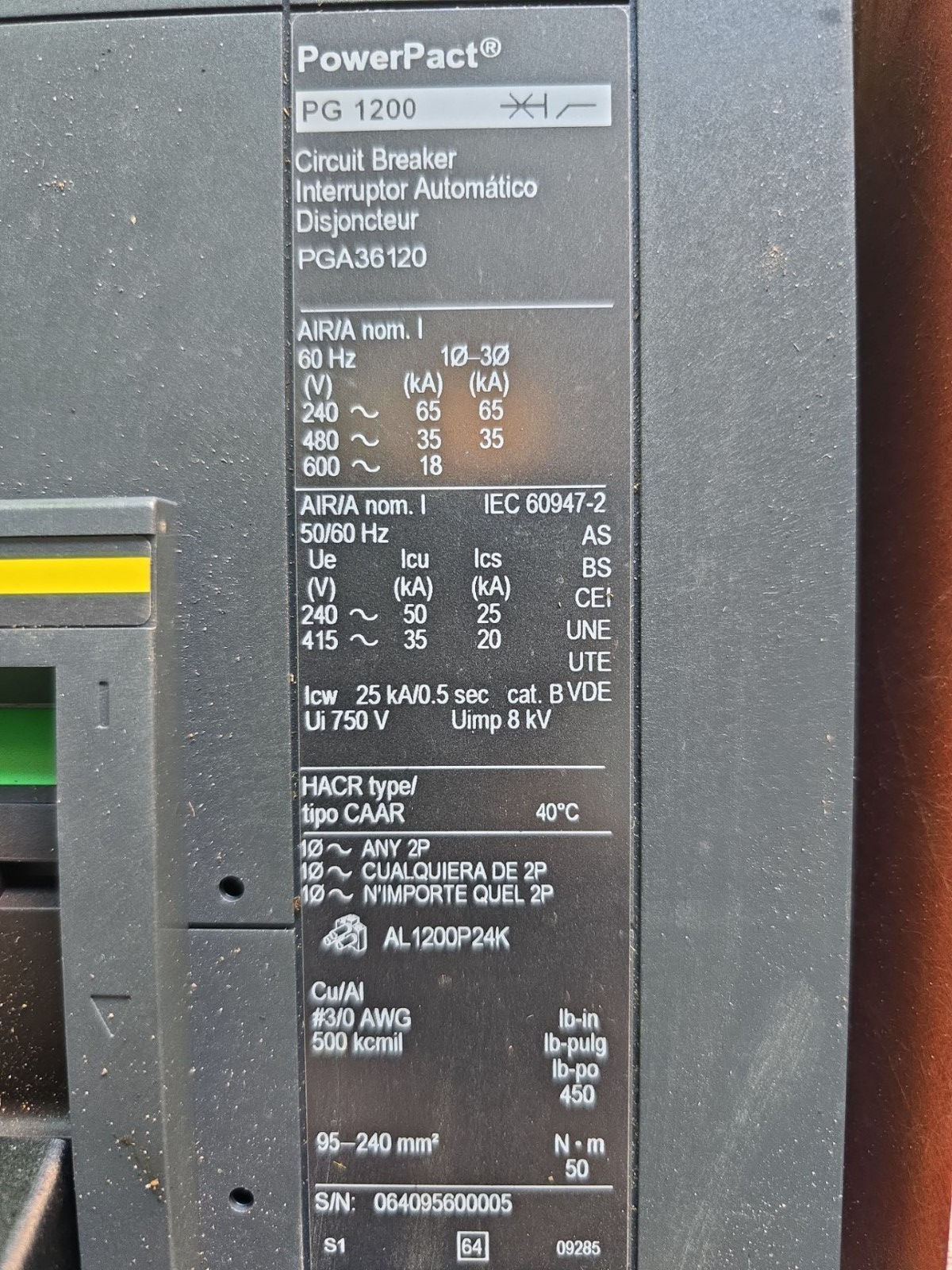Square D HCRU I-Line Panelboard 1200A 600V PGA36120 MCB Panel 1200 Amp 3R Encl Used