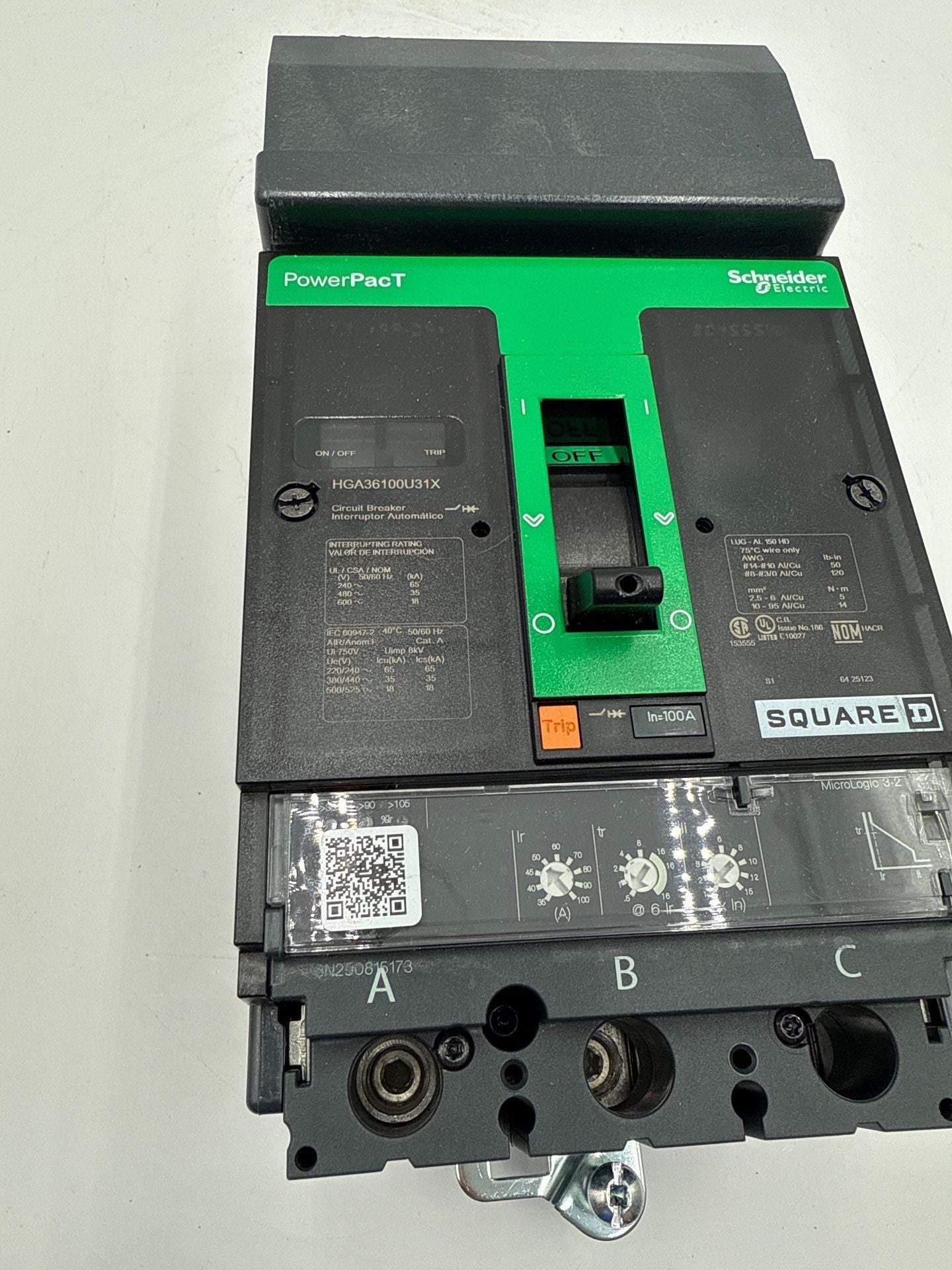 Square D HGA36100U31X I-Line Circuit Breaker 100A 3P 600V HGA PowerPact 100 Amp Used