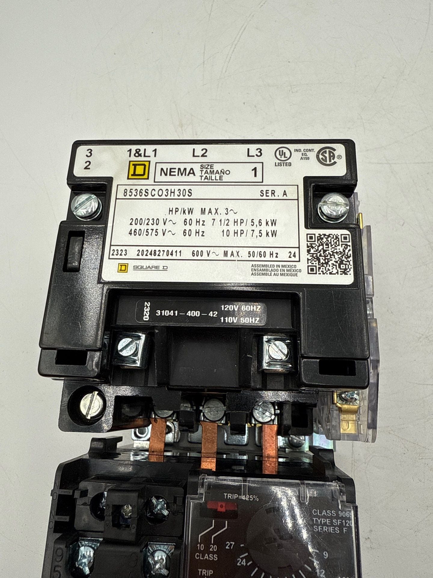 Square D 8536SCO3H30S Starter Size 1 Coil 110/120V Overload 9065SF120 9-27Amp Used