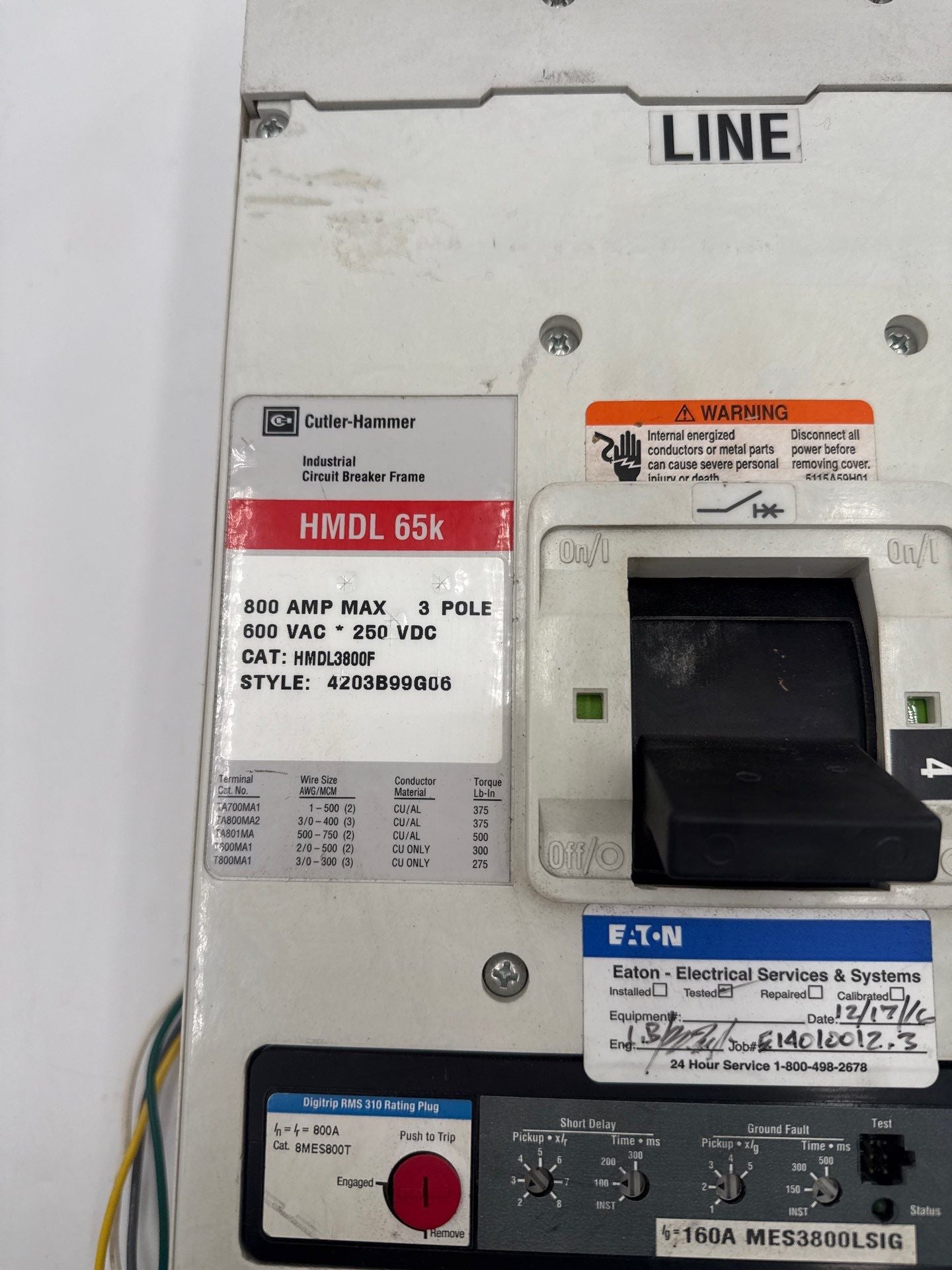 Eaton HMDL3800 Circuit Breaker 800A 3P 600V HMDL 65k 800 Amp 3 Pole LSIG Used