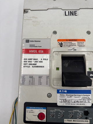 Eaton HMDL3800 Circuit Breaker 800A 3P 600V HMDL 65k 800 Amp 3 Pole LSIG Used