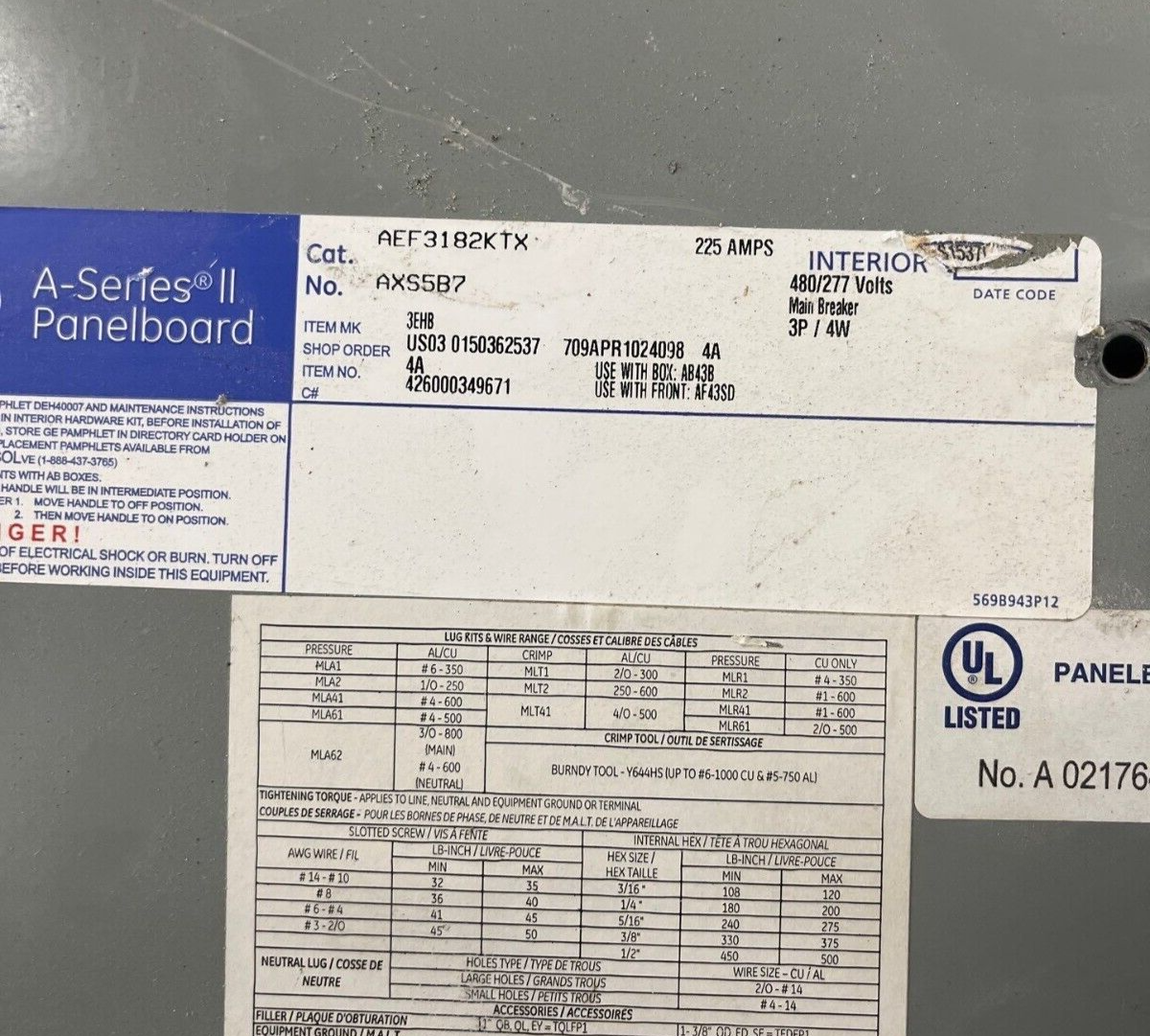 GE AEF3182KTX Panelboard 225A 480/277V 3PH 4W 18Cir Indoor Encl MCB SFHA36AT0250 P597 Used