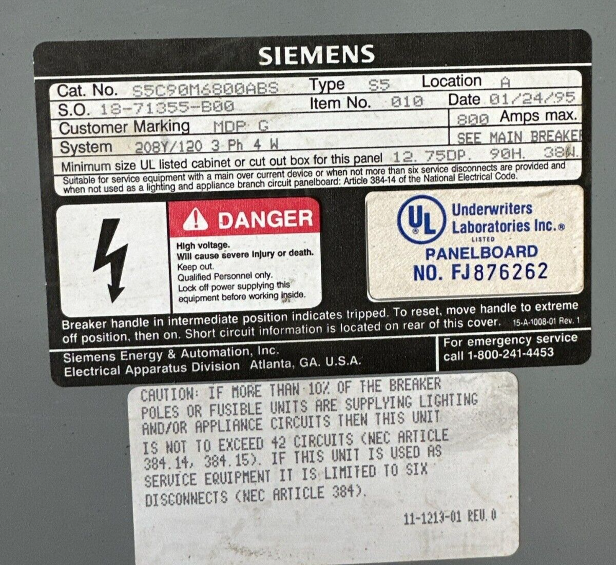 Siemens S5C90M6800ABS S5 Panelboard 800A 208/120V 3PH Indoor Encl MCB MD63F800 P503 Used