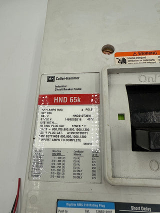 Eaton HND312T36W Circuit Breaker 1200A 3P 600V HND 65k LSIG 1200 Amp HND312 Used