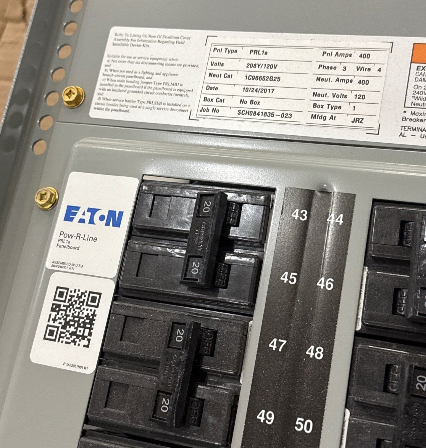 Eaton PRL1A Interior Panelboard 400A 208/120V 3PH 4W MLO 400 Amp Panel New