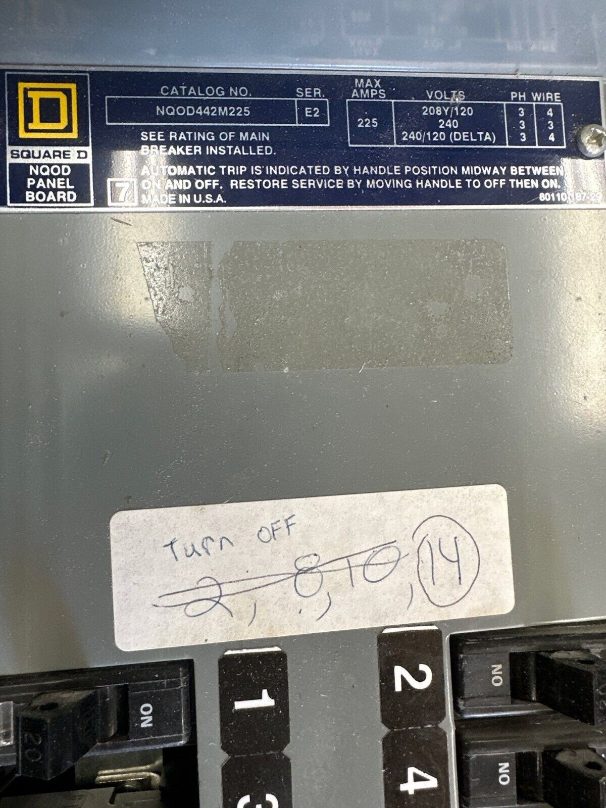 Square D NQOD442M225 Panelboard 225A 208/120V 3PH NQOD MCB Indoor Encl 42Circuit P366 Used