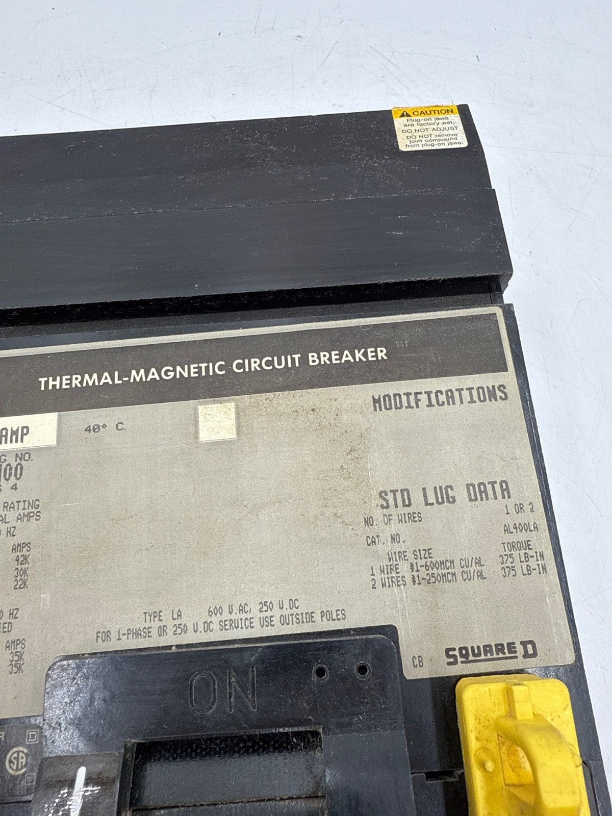 Square D LA36400 Circuit Breaker 400A 3P 600V 3PH LA I-Line 400 Amp 3 Pole Gray Used