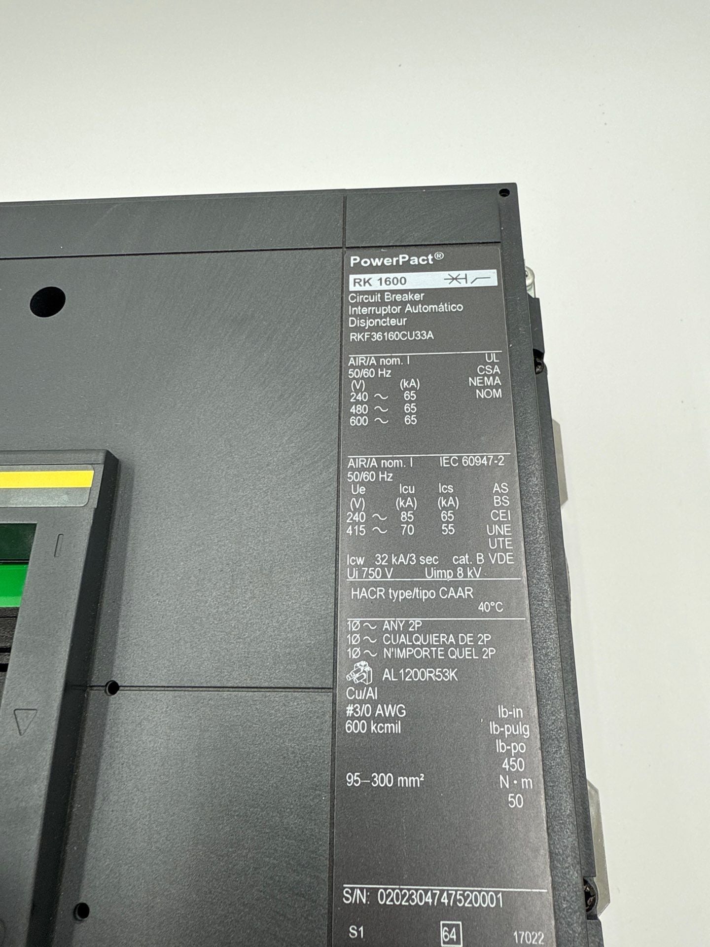 Square D RKF36160CU33A Circuit Breaker 1600A 3P 600V PowerPact 65kA R-Frame New