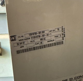 Square D Model 6 39" MCC Bucket VFD ACH580-01-044A-4 25HP 480V 3PH Altivar 66 Used