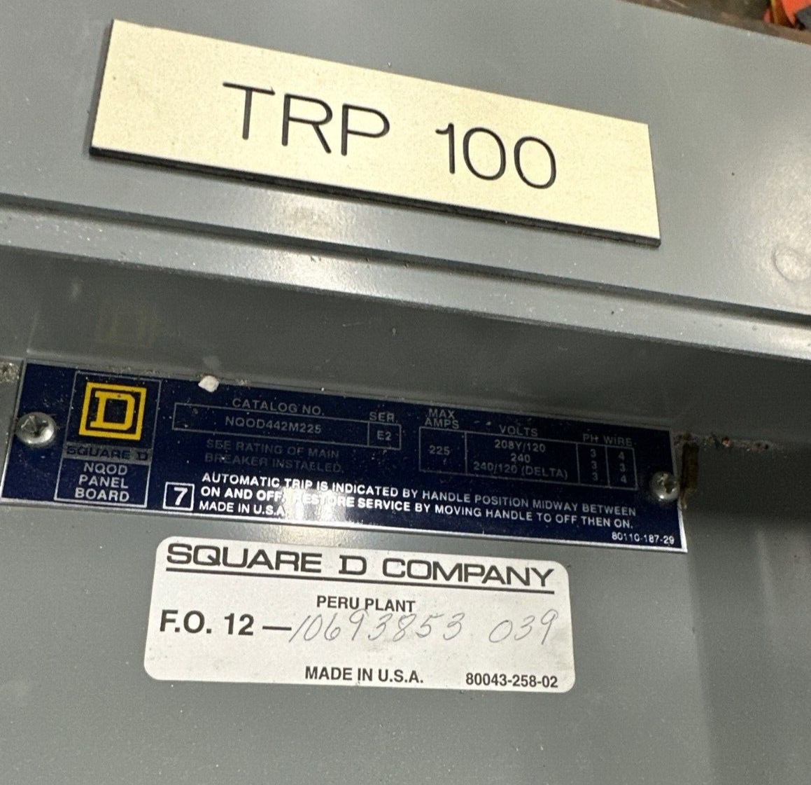 Square D NQOD442M225 Panelboard 225A 208/120V 3PH 4W MCB Panel 42Cir Indoor Encl P350 Used