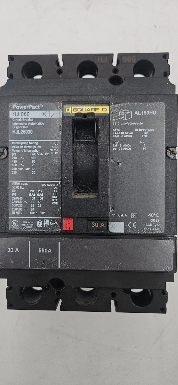 Square D HJL26030 Circuit Breaker 30A 2P 600V HJ 060 30 Amp 2 Pole HJL USED Used