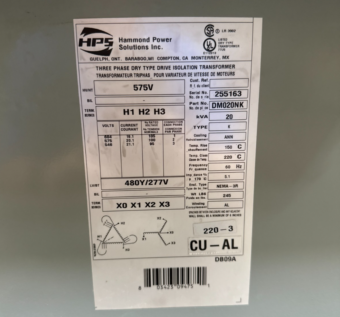20KVA Hammond DM020NK Transformer Pri 575V Sec 480/277V 3PH 3R Encl Outdoor New