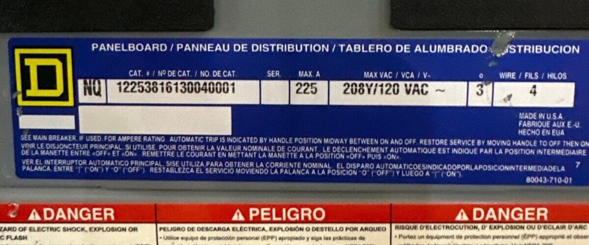 Square D NQ Panelboard 225A 208Y/120V 3PH 4W MCB Main QDL32225 42 Cir Nema 1 P545 Used