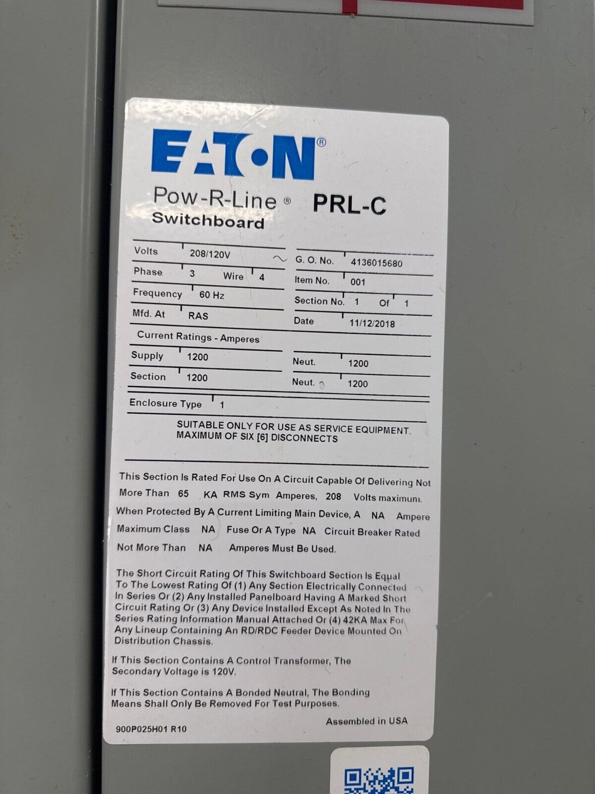 Eaton PRL-C Switchboard 1200A 208/120V 3PH Main Breaker GFI Arc Flash Reduction Used