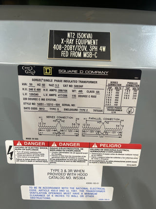 50kVA Square D 50S3HF Sorgel Transformer 1PH Pri 240/480V Sec 120/240V ST104 Used