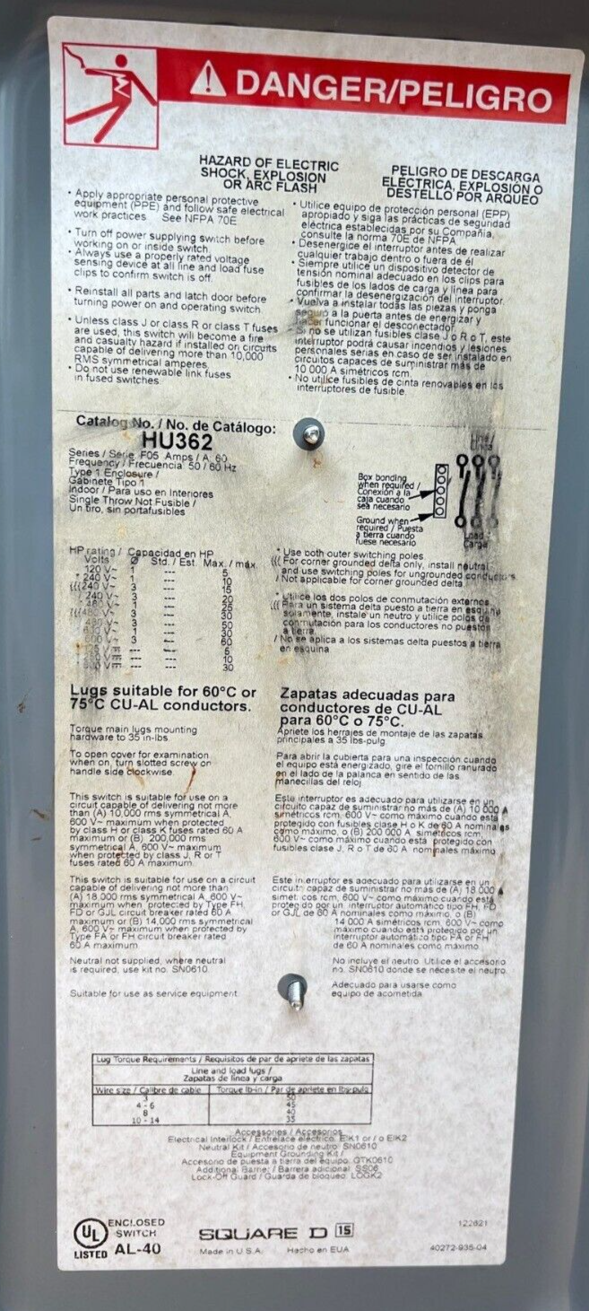 Square D HU362 Used