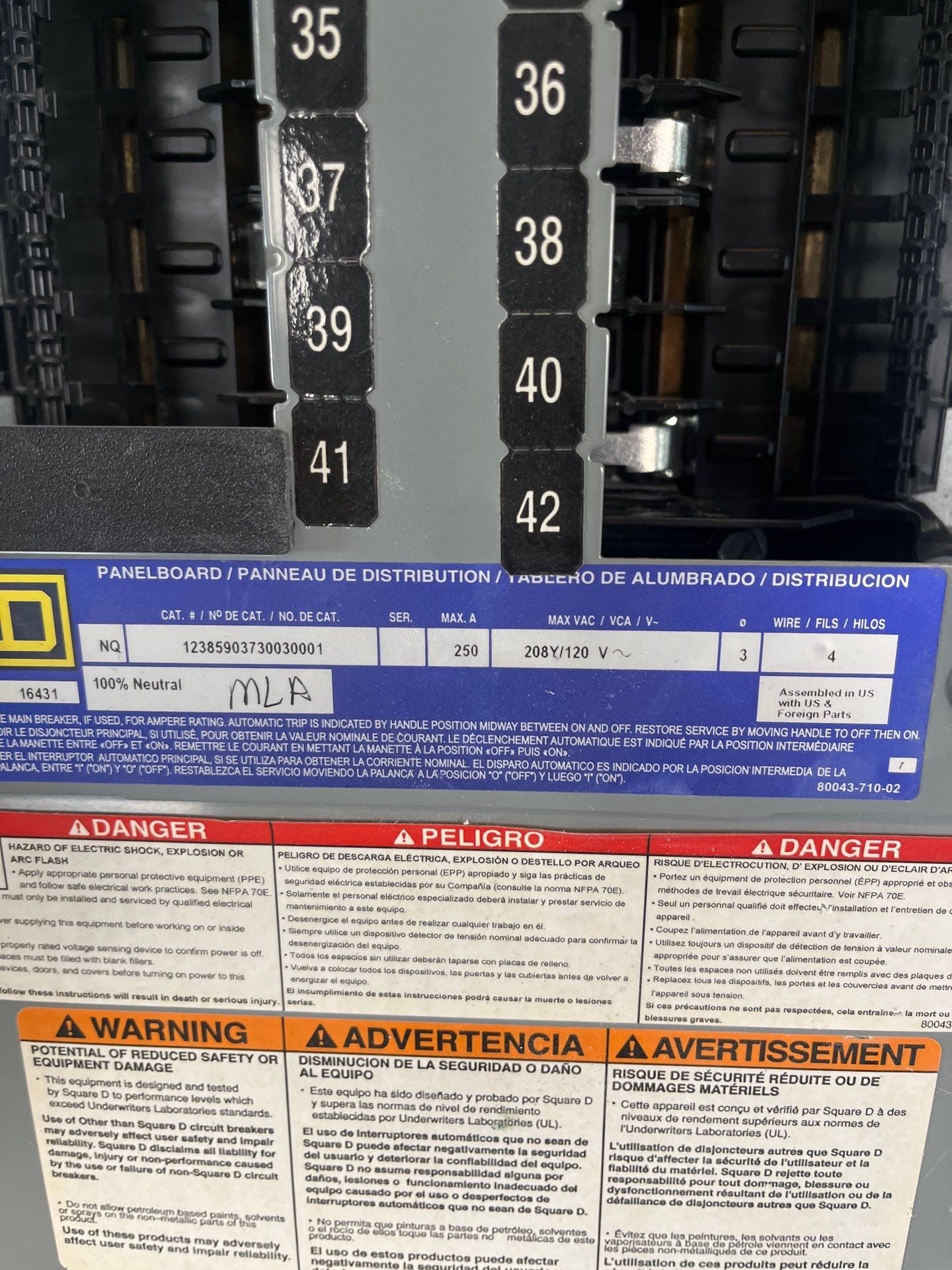 Square D NQ Panelboard 250A 208/120V 3PH 4W 42 Cir MCB Indoor Encl MH68 Used