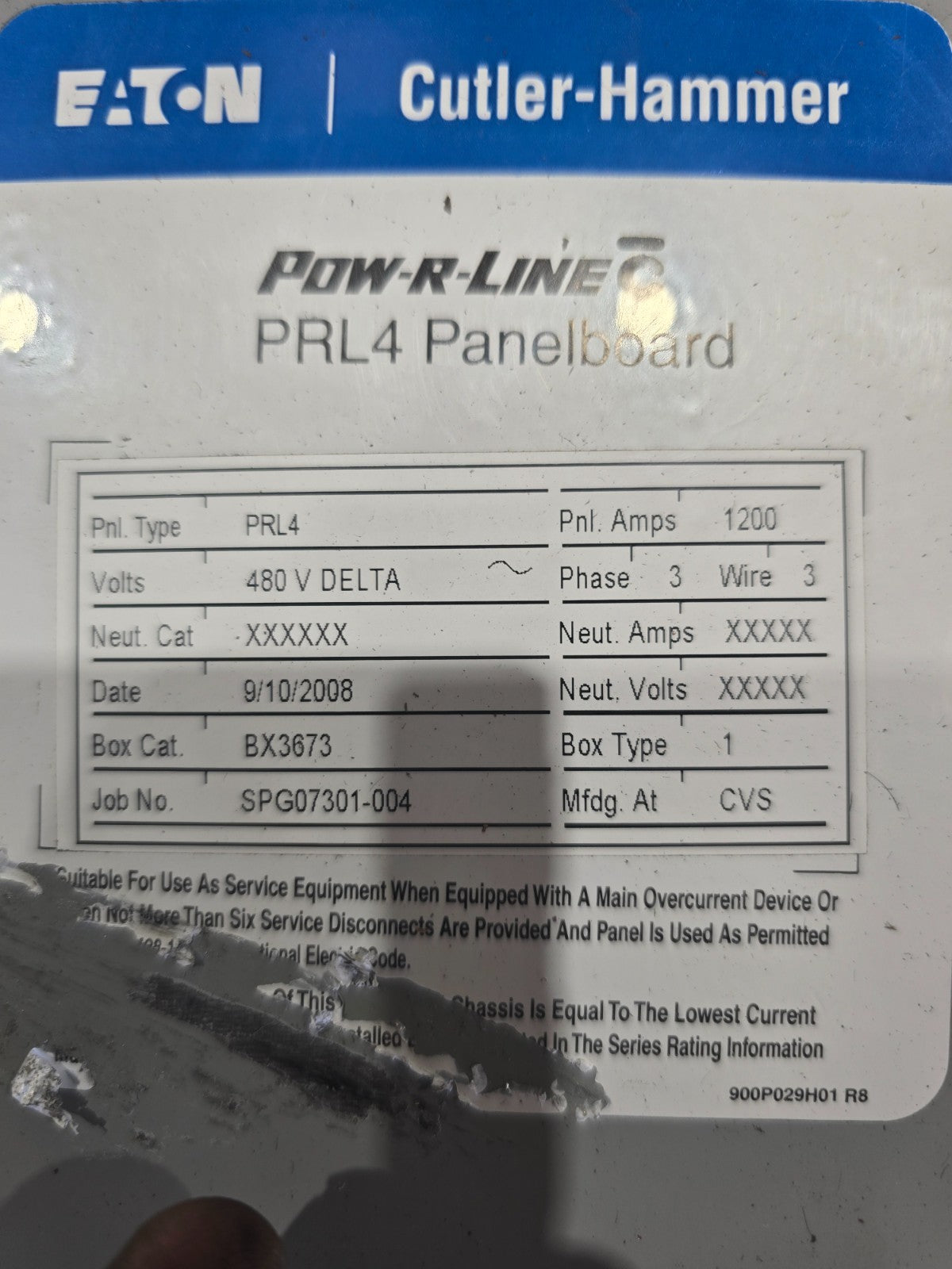 Eaton PRL4 Panelboard 1200A 480V 3PH 3W MCB Panel 1200 Amp HND312T33W Indoor Used