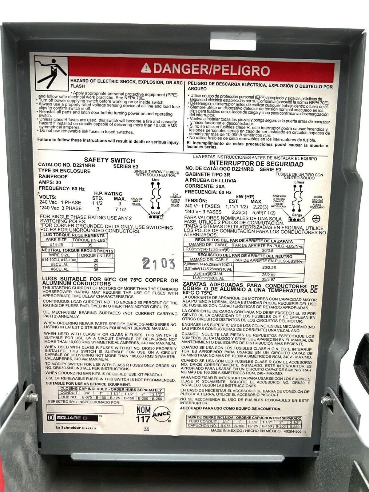 Square D D221NRB Used