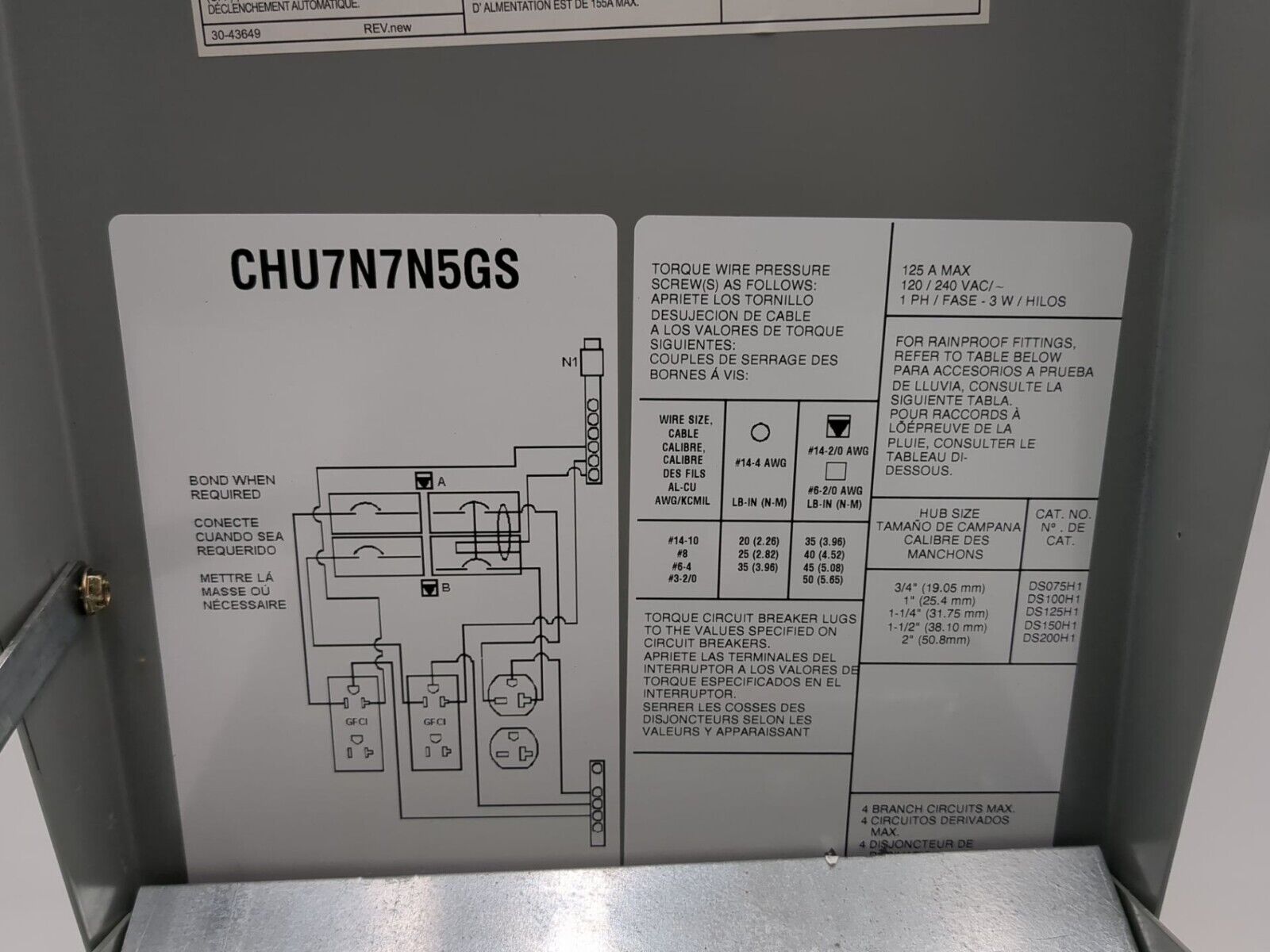 Eaton CHU7N7N5GS 125A Type 3R 120/240VAC Pedestal Mount Power Outlet Panel New