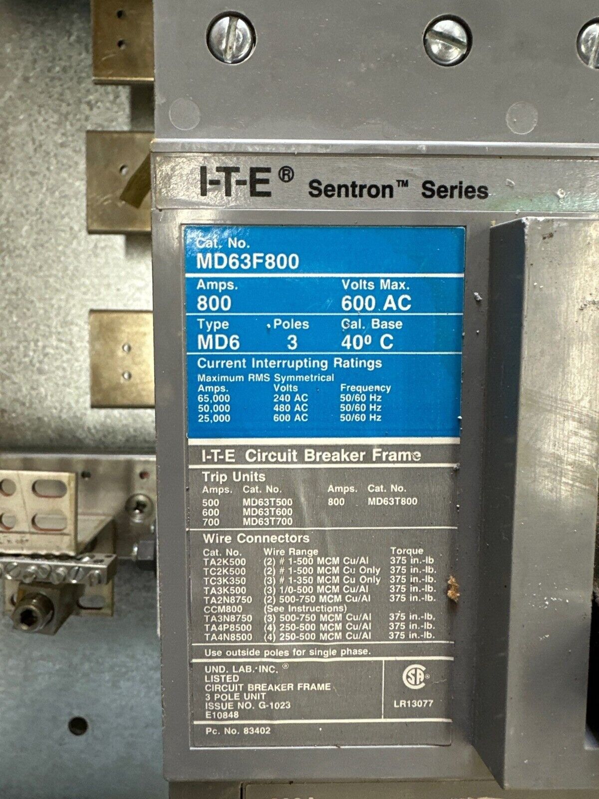 Siemens S5C90M6800ABS S5 Panelboard 800A 208/120V 3PH Indoor Encl MCB MD63F800 P503 Used