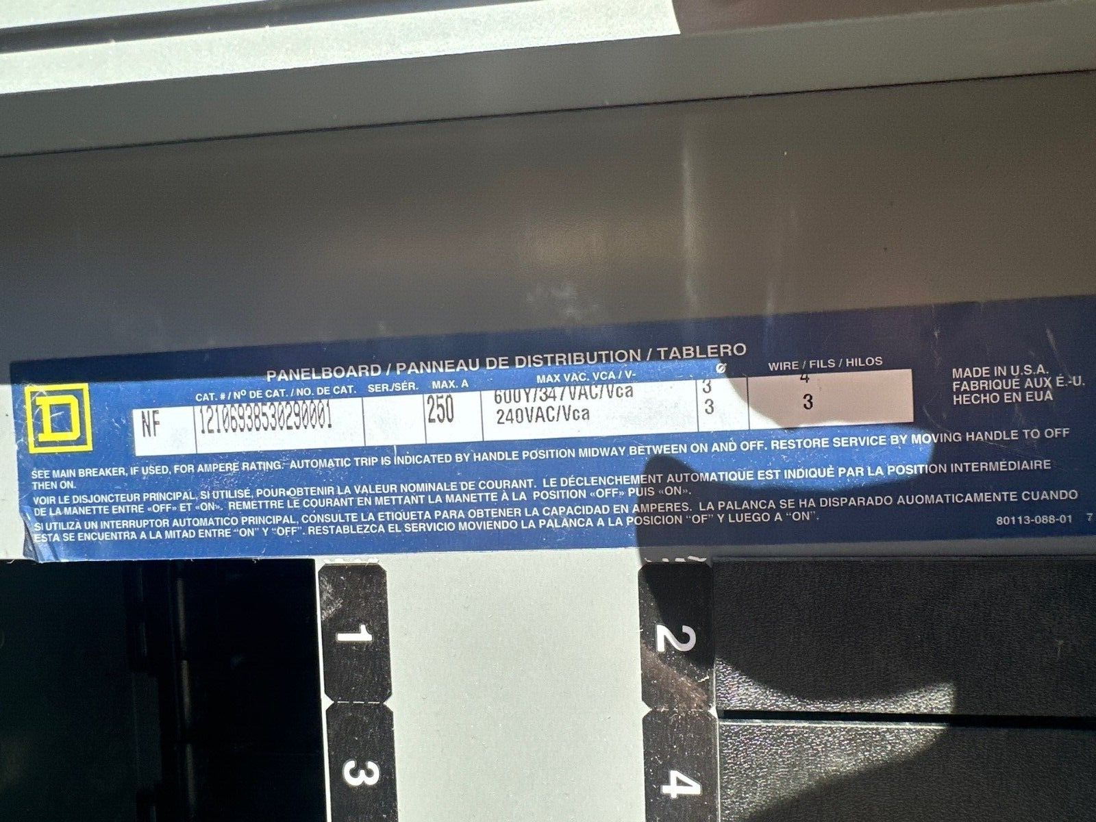 Square D NF Panelboard 250A 600Y/347V 3PH 4WIndoor Encl Main Lug 42 Circuit MLO P336 Used