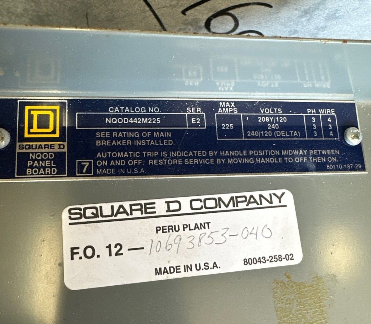 Square D NQOD442M225 Panelboard NQOD 225A 208/120V 3PH 4W MCB 42 Cir Indoor Encl P331 Used