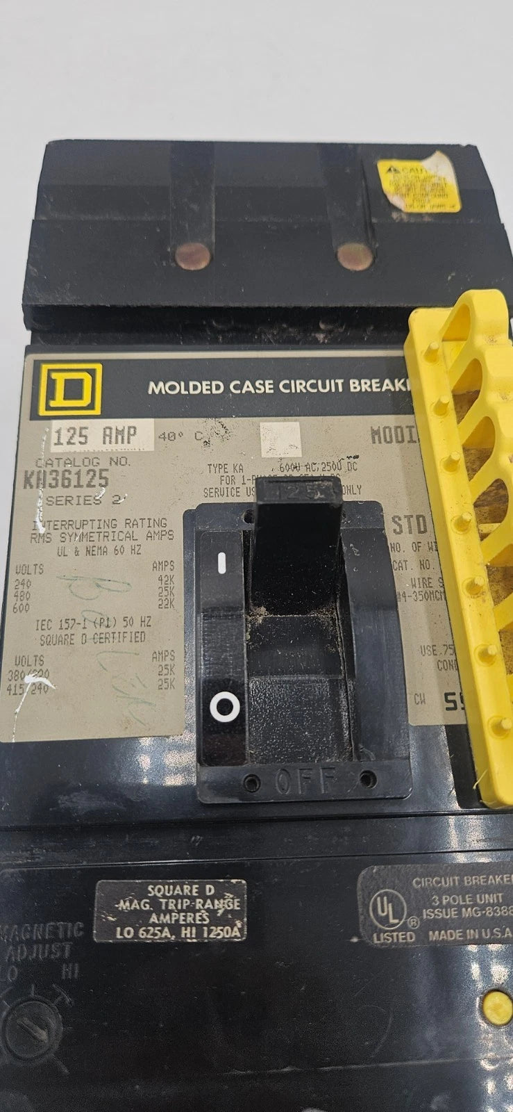 Square D KA36125 I-Line Circuit Breaker 125A 3P 600V 3PH KA 125 Amp 3 Pole USED Used