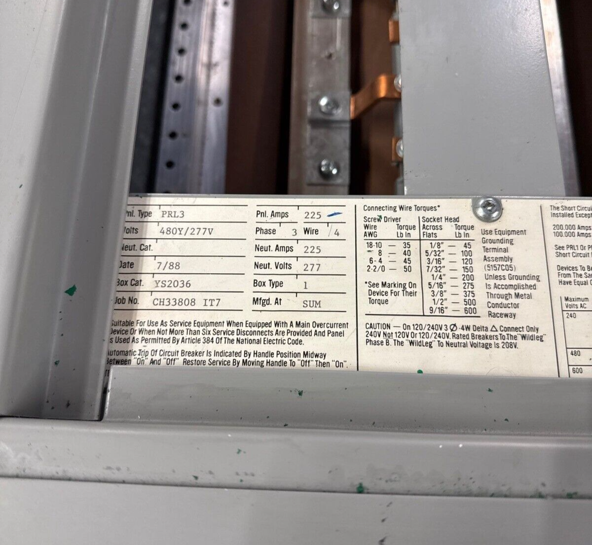 Westinghouse PRL3 Panelboard 225A 480/277V 3PH 4W 18 Cir Indoor Encl MLO YS2036 P320 Used