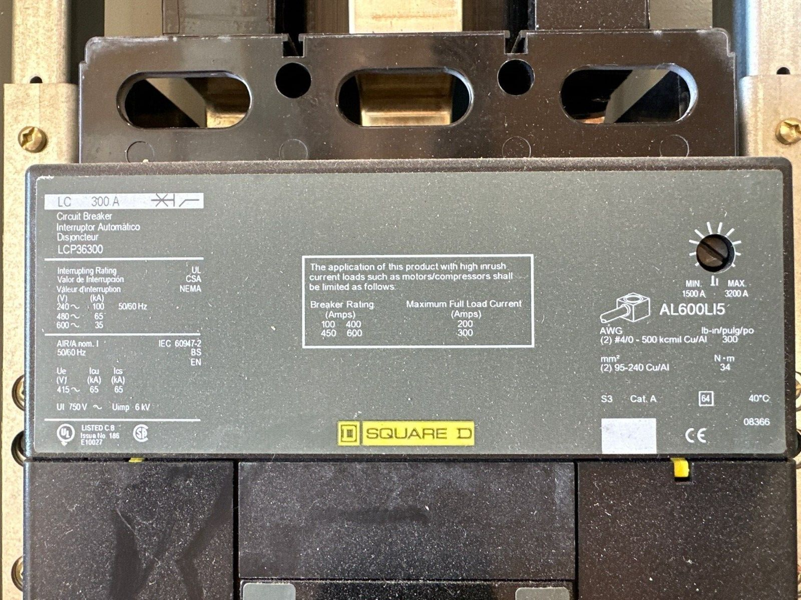 Square D NF Panelboard 300A 480/277V 3PH 4W Indoor Encl 54 Cir MCB Main LCP36300 P535 Used