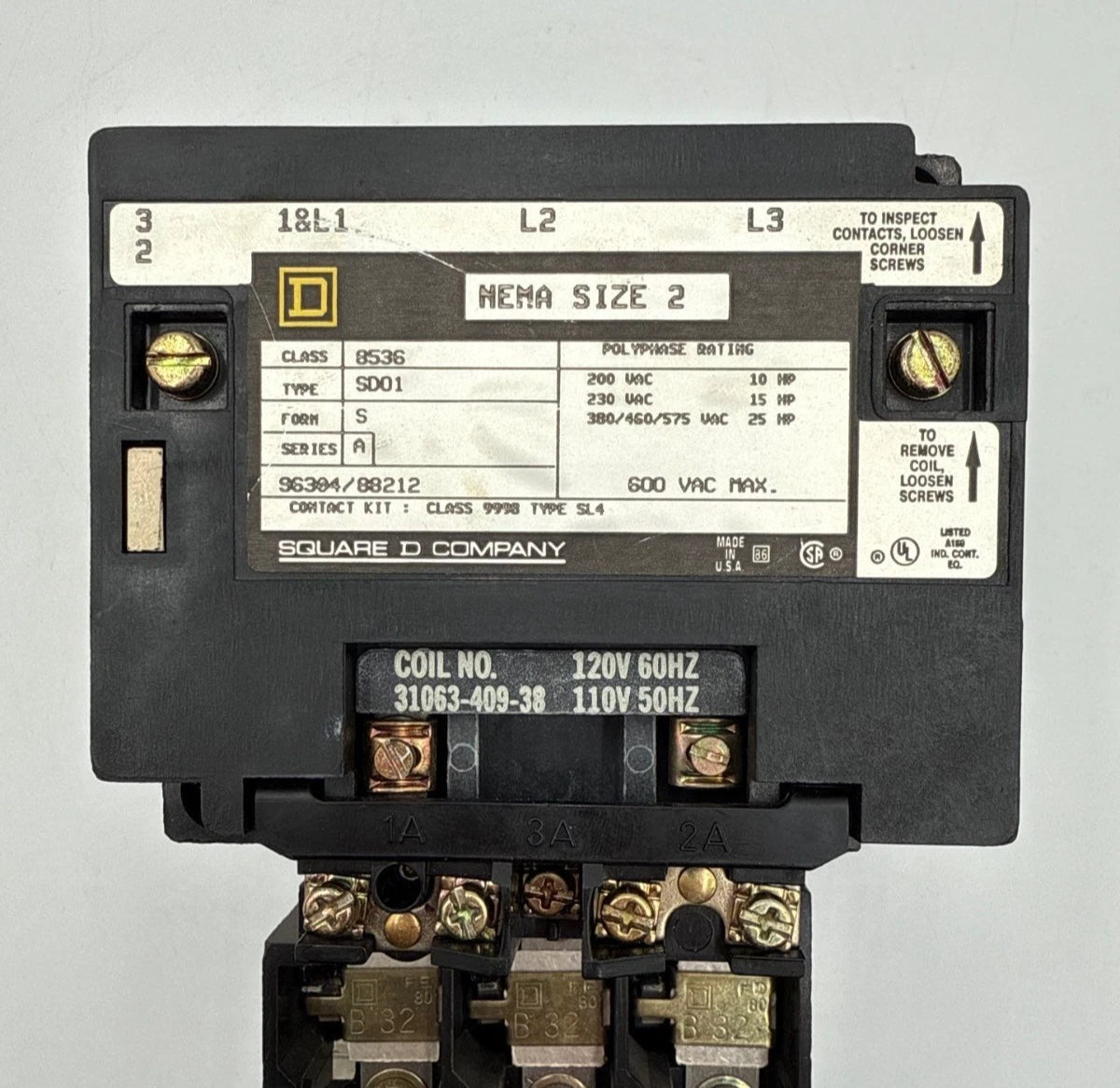 Square D 8536SD01 NEMA Size 2 Starter Coil 110/120V 3P 600V 25HP 31063-409-38 Used